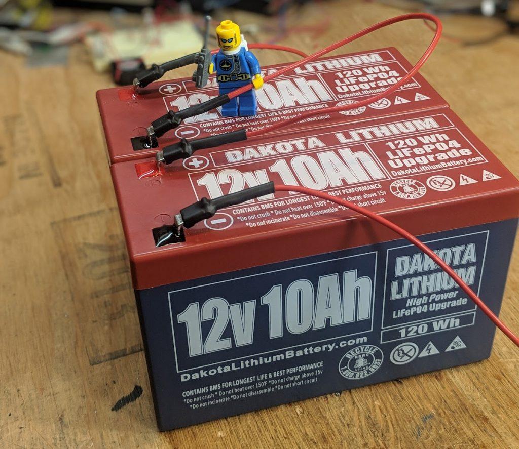 Two 12V lithium batteries wired in series to make 24 volts