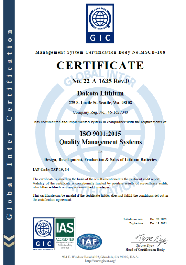 Dakota Lithium Is Iso 9001:2015 Certified